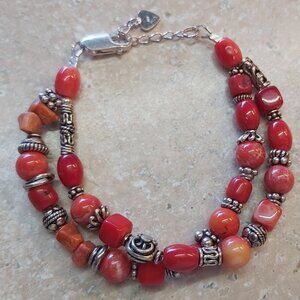 sterling silver and coral 2 strand bracelet 6-7" long